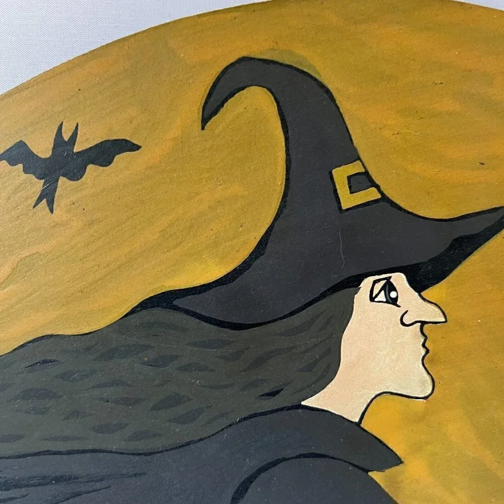 Primitives by Kathy Flying Witch on Broom Wood Wall Sign Plaque Folk Art Witchy